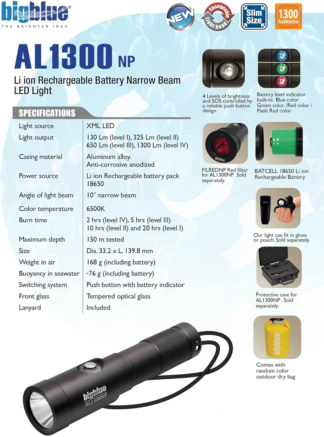 Bigblue AL1300 Lumen Narrow Beam Dive Light
